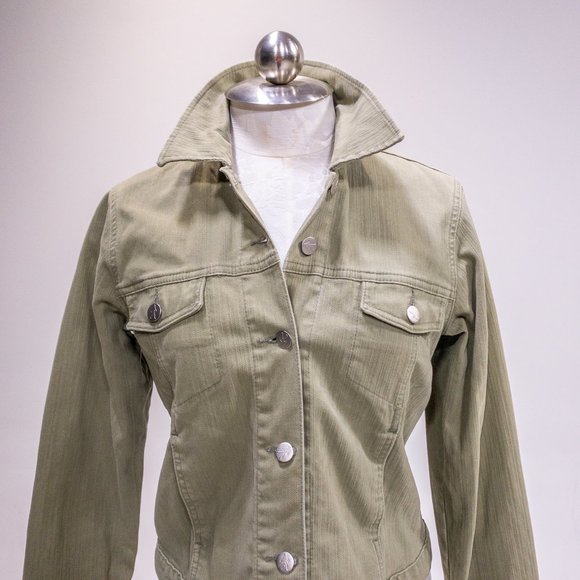 Vintage 90s Y2K Anthropologie S Cotton Jean Jacket Light Green Tan Grey - Picture 3 of 14